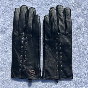 Michael Kors Black Leather Gloves with Stud Accents